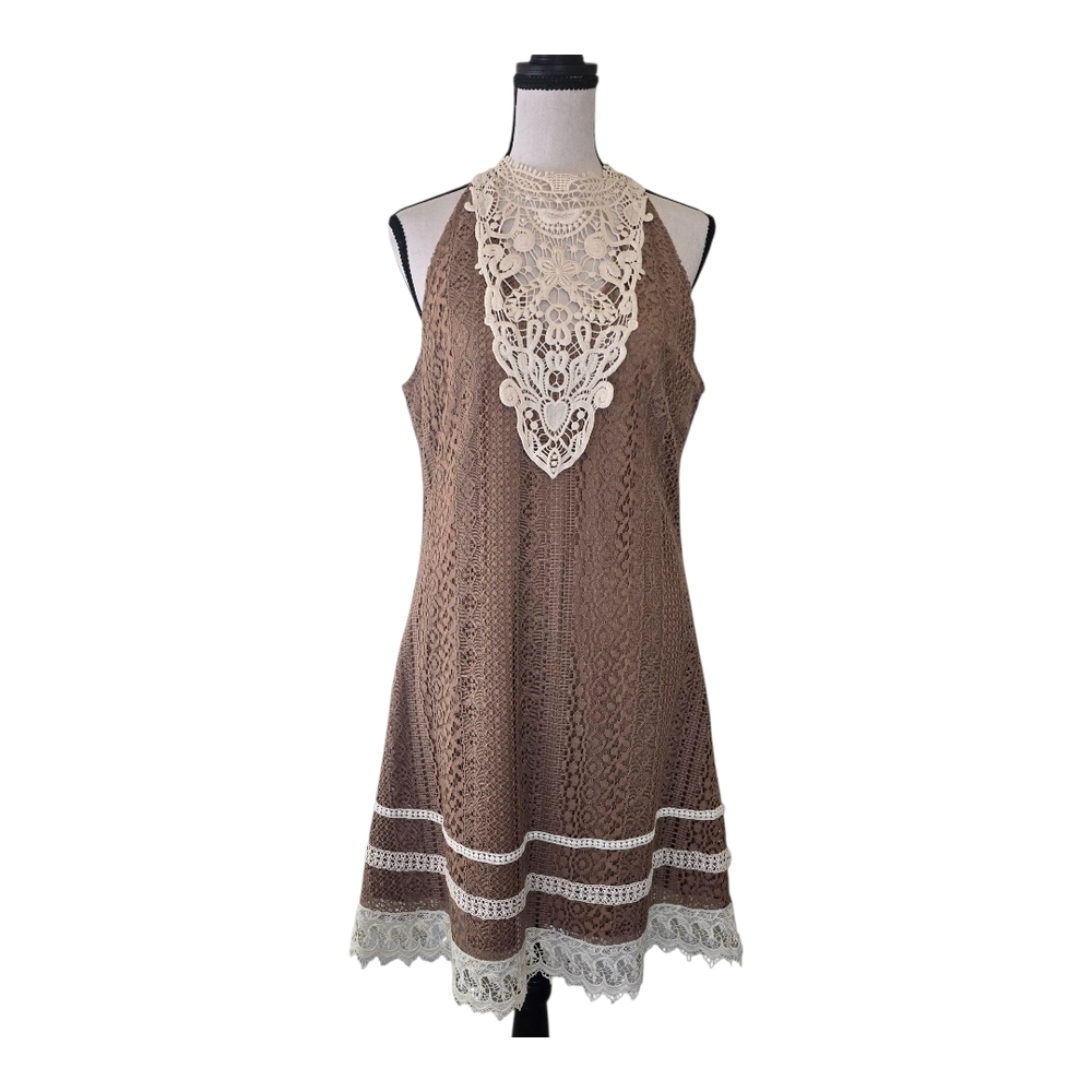 Altar'd State Crochet Halter Mini Dress L Brown Cream Boho Cottage Event Fall